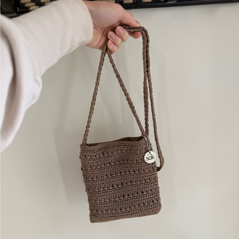 The Sak Crochet Knit Boho Small Crossbody Bag - Light Brown/Taupe